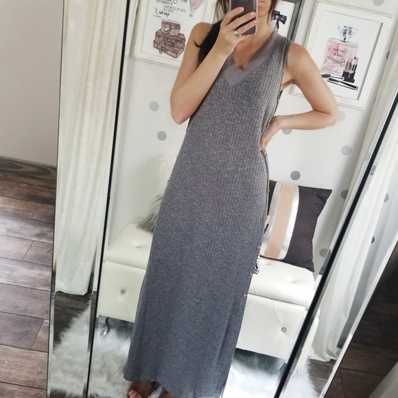 Fall Maxi Dress Gray Rib Knit Side Slit Dress Stretchy Casual Long Dress - Picture 6 of 7